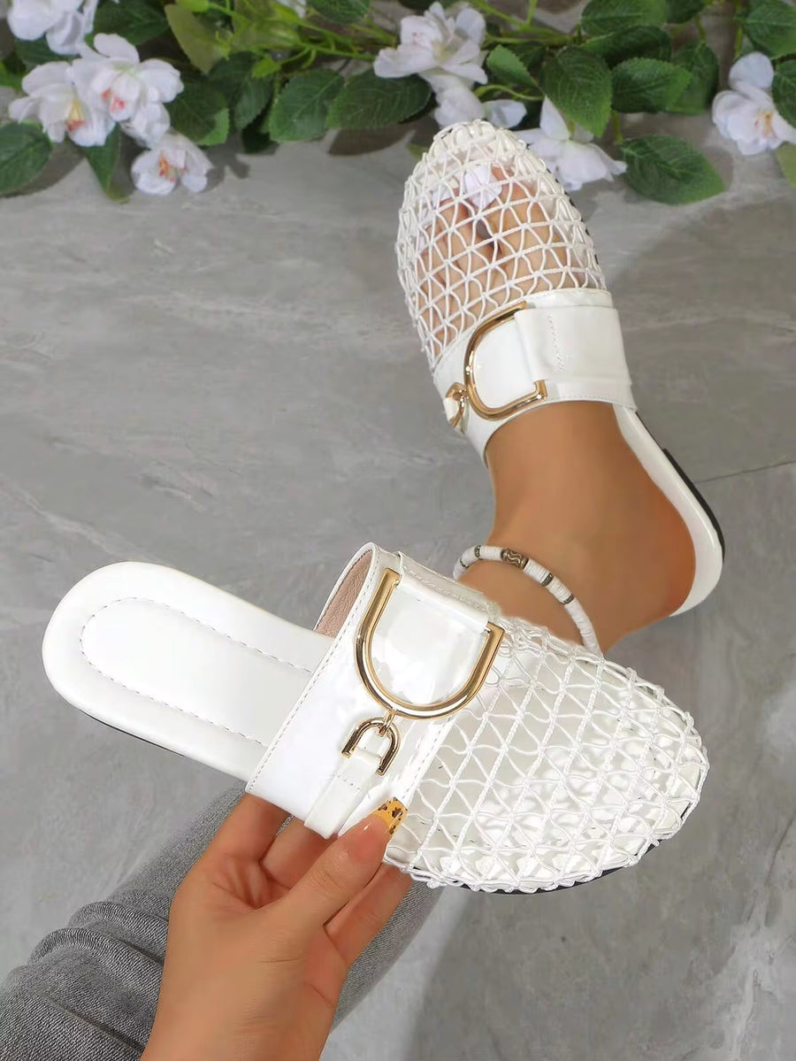 Women's Fishnet Hollow Flat Slip-On Shoes, Comfortable Linen Casual Backless Mule Sandals, Breathable Mesh, Lightweight Soft Indoor Slippers